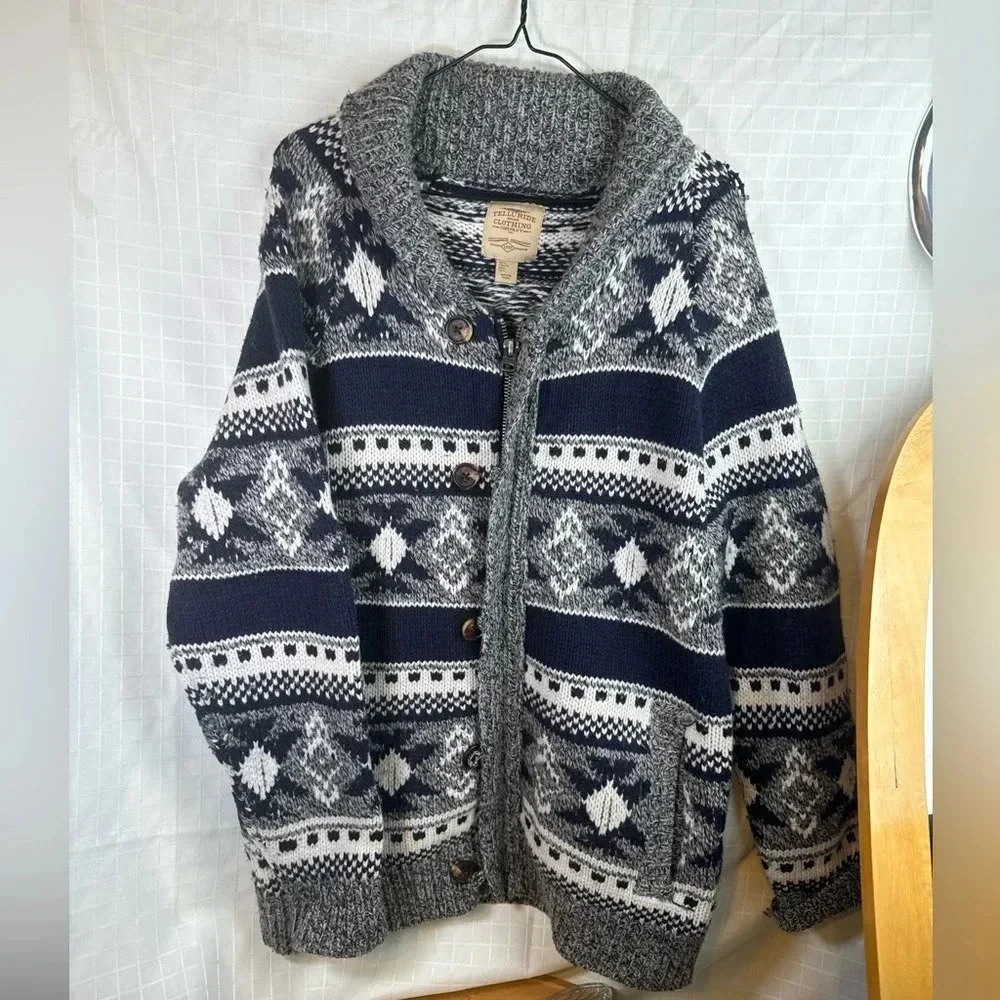 Mens Telluride clothing company heavy zip up Lambs Wool sweater jacket Blue Warm